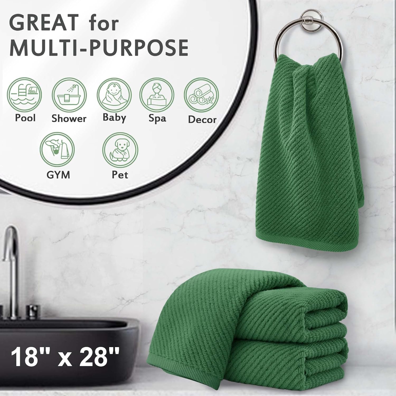 Green Hand Towels for Bathroom (4PC, Large 18"x28") - 100% Cotton | Quick Dry | Light Weight |