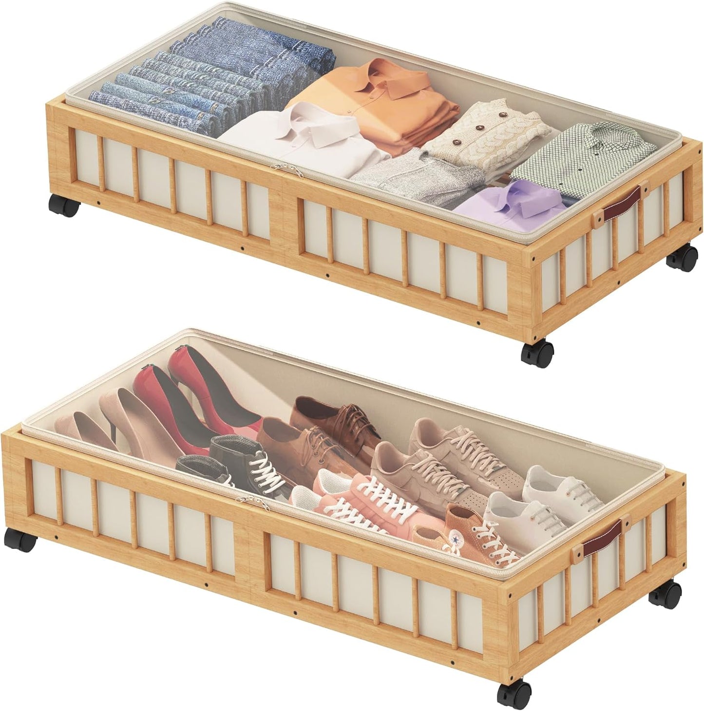 efluky 2-Pack Bamboo Under Bed Storage with Wheels, Rolling UnderBed Storage Basket with Large Dust
