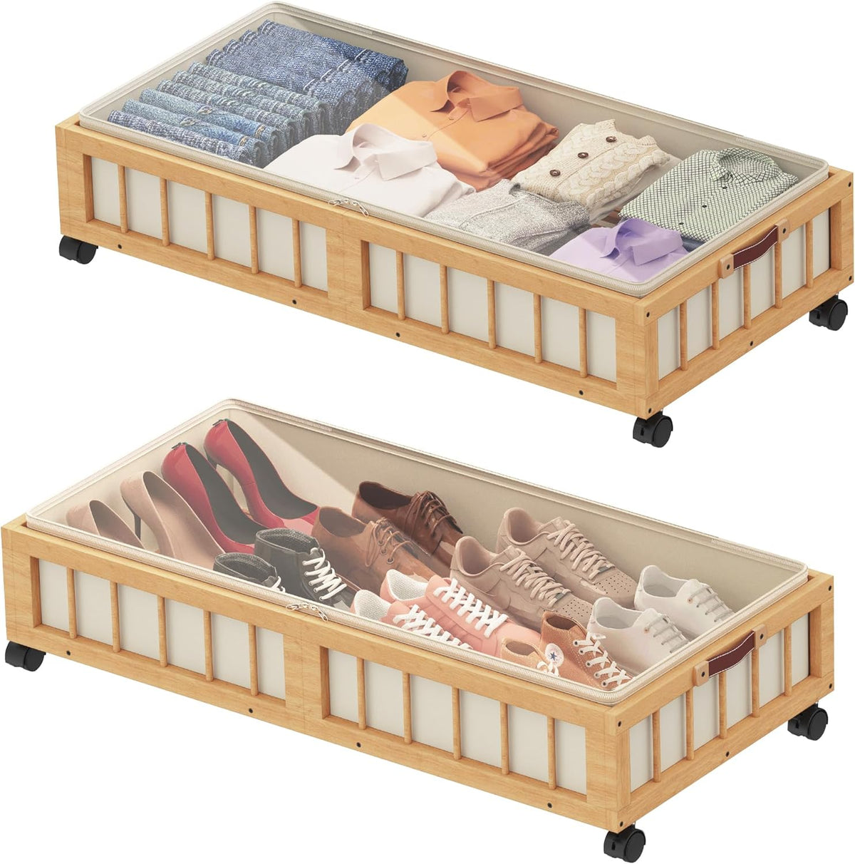 efluky 2-Pack Bamboo Under Bed Storage with Wheels, Rolling UnderBed Storage Basket with Large Dust