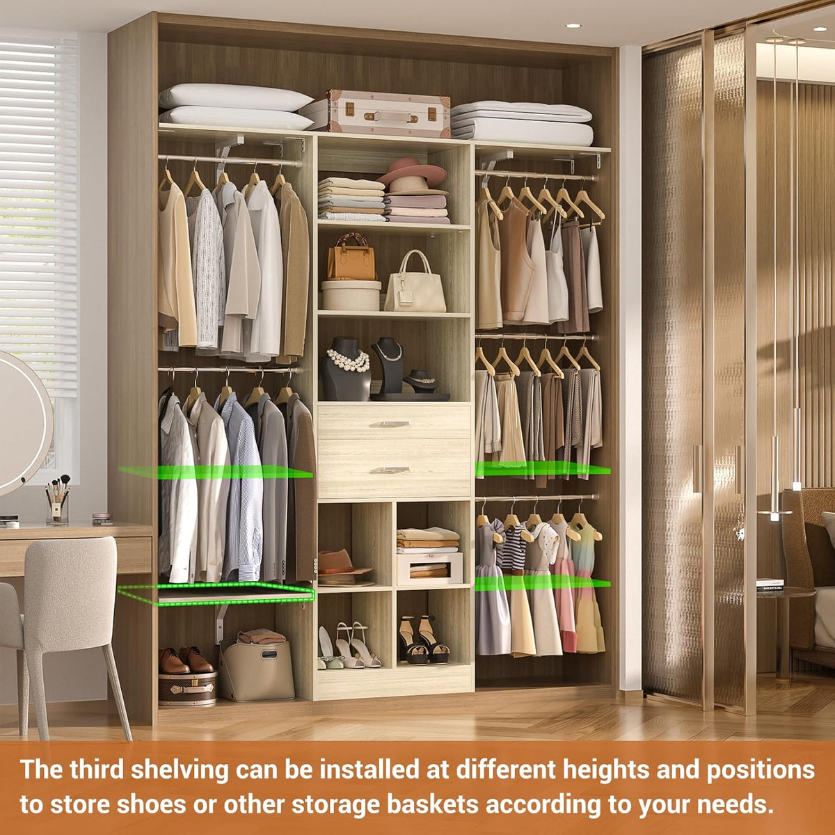 5FT Small Closet System, Baby Closet Organizer System with Wooden Drawers, 60 Inches Walk in Closet