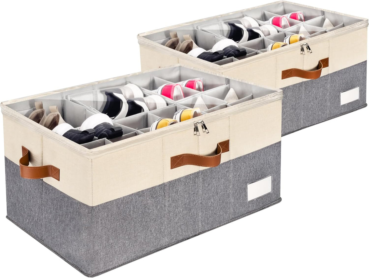 2 Pack Shoe Organizer for Closet, Adjustable Shoe Box Storage Containers, Large Foldable Shoe Bins