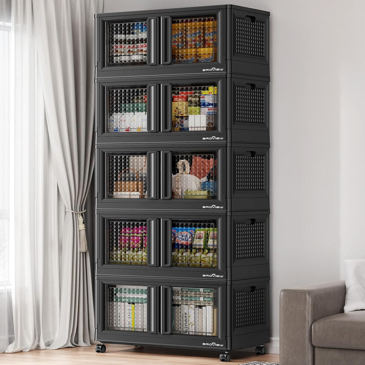 BROVIEW 500 Qt Stackable Storage Bins with Lids & Doors, 5 Pack Plastic Closet Organizer and