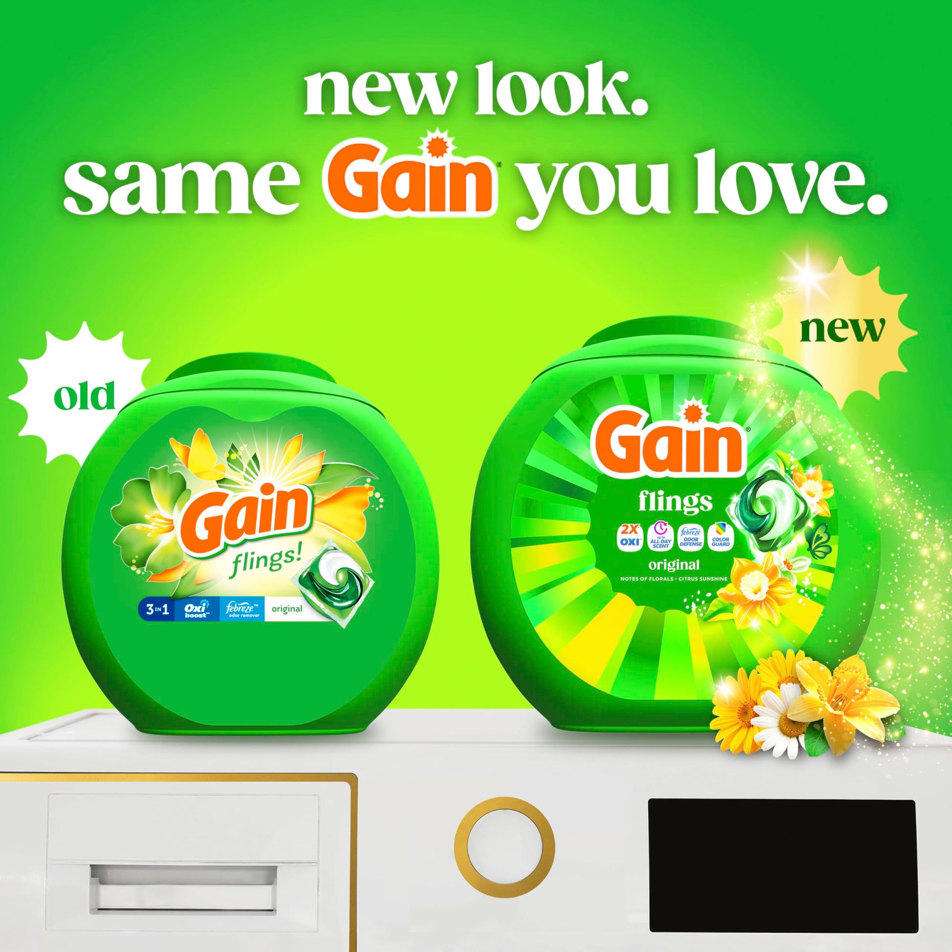 Gain Flings Liquid Washing Detergent Pods, Now with Odor Defense + Color Guard, Original Scent