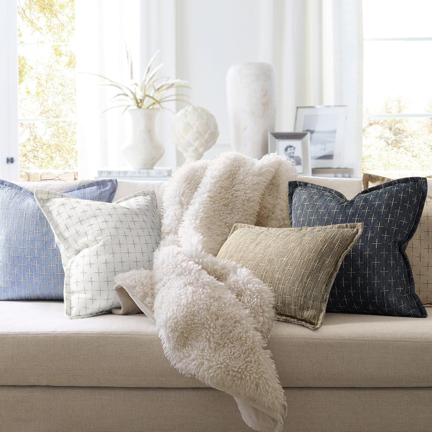 ZWJD Pillow Covers 24x24 Set of 2 Soft Polyester Textured Pillow Covers with Stylish Flange Edge
