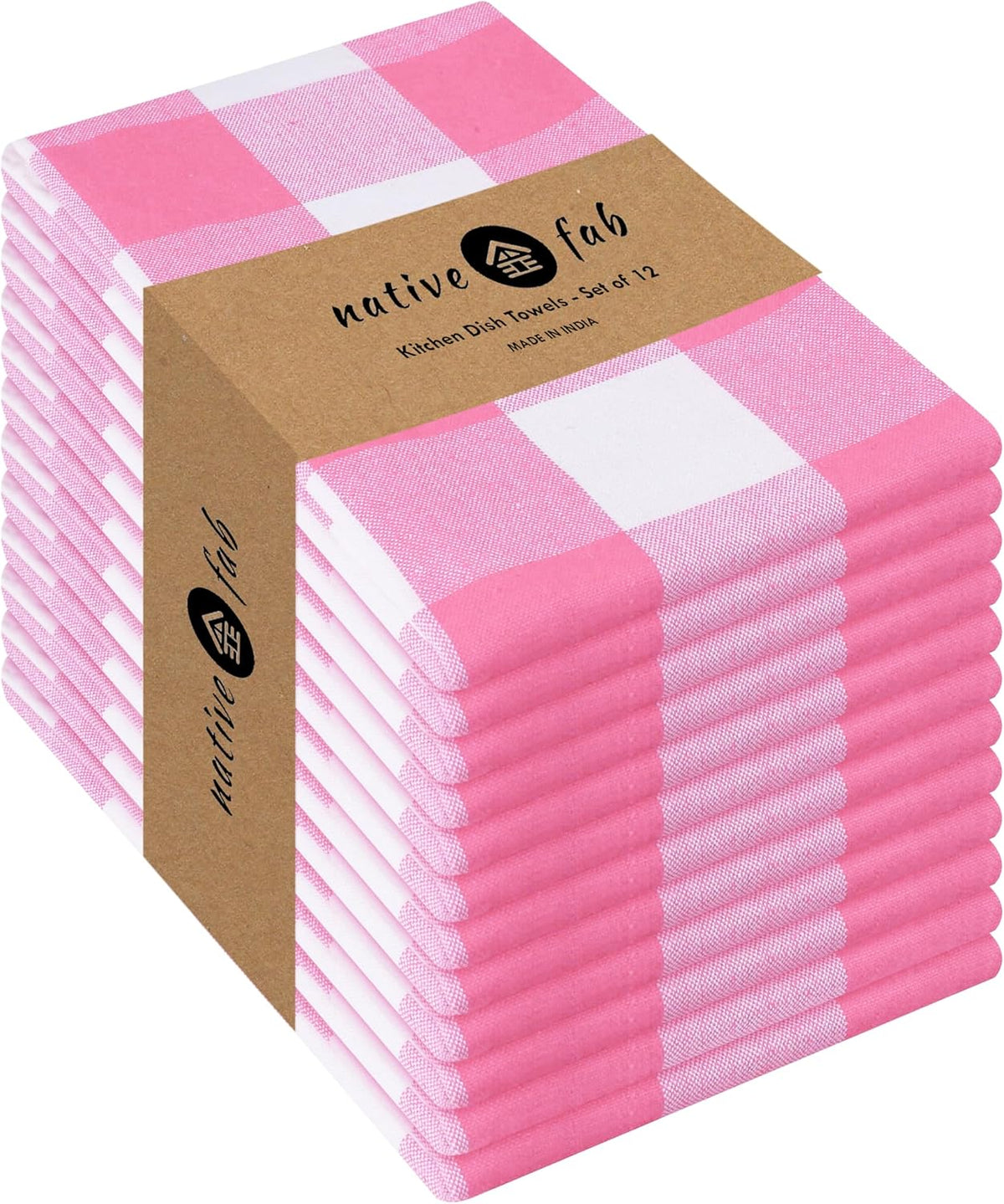 Native Fab Pink Checked Kitchen Towel 16"x26" - 12 Pack Buffalo Plaid Cotton Dish Towels