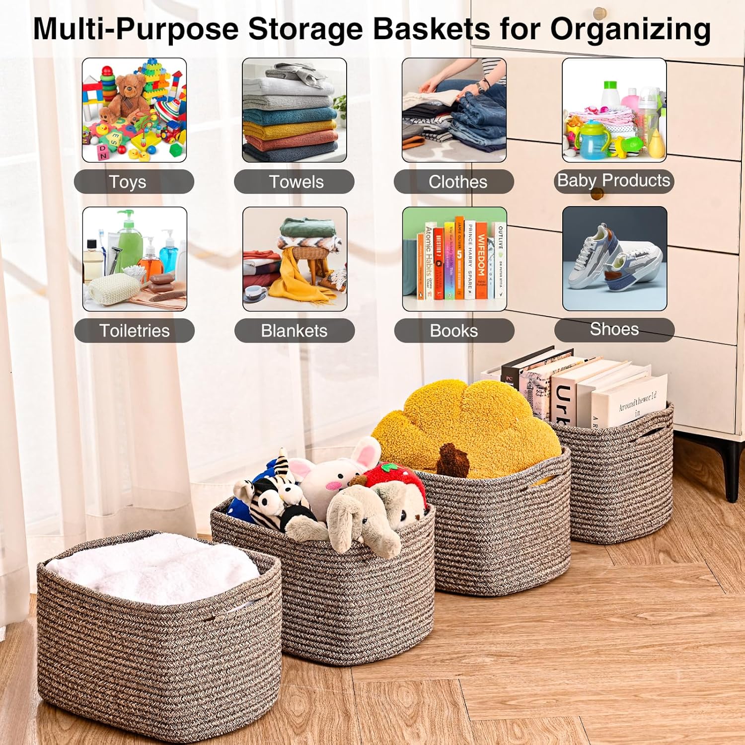 Small Storage Baskets for Organizing Shelves, Cotton Rope Basket for Storage, Cute Rectangular Book
