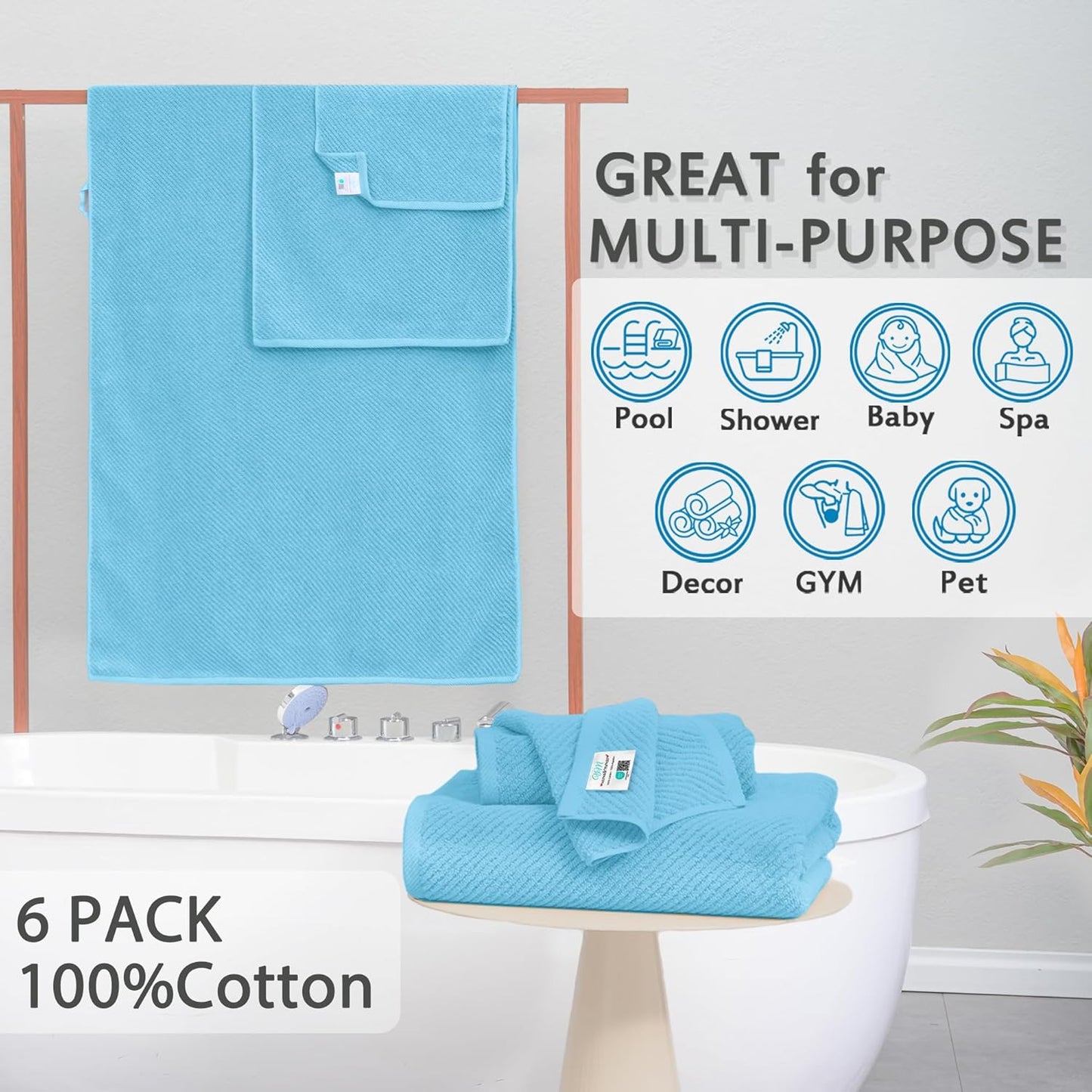 Towels for Bathroom - 100% Cotton | Quick Dry | Lightweight | Thick | Soft, Towel Set of 6, 2 Large