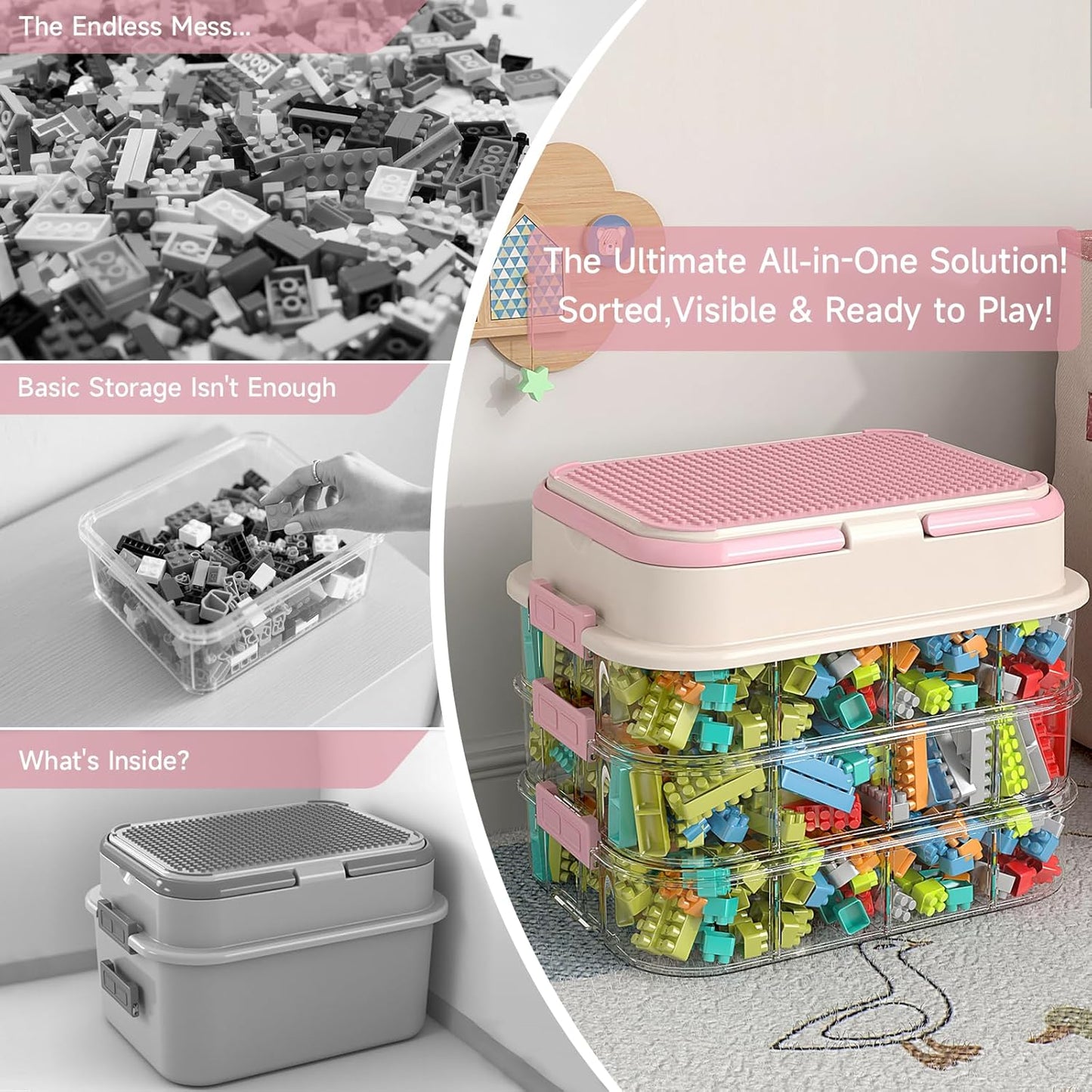 Toy Storage Organizer Box with Handle, Stackable Building Block Toy Box with Building Plate Lid &
