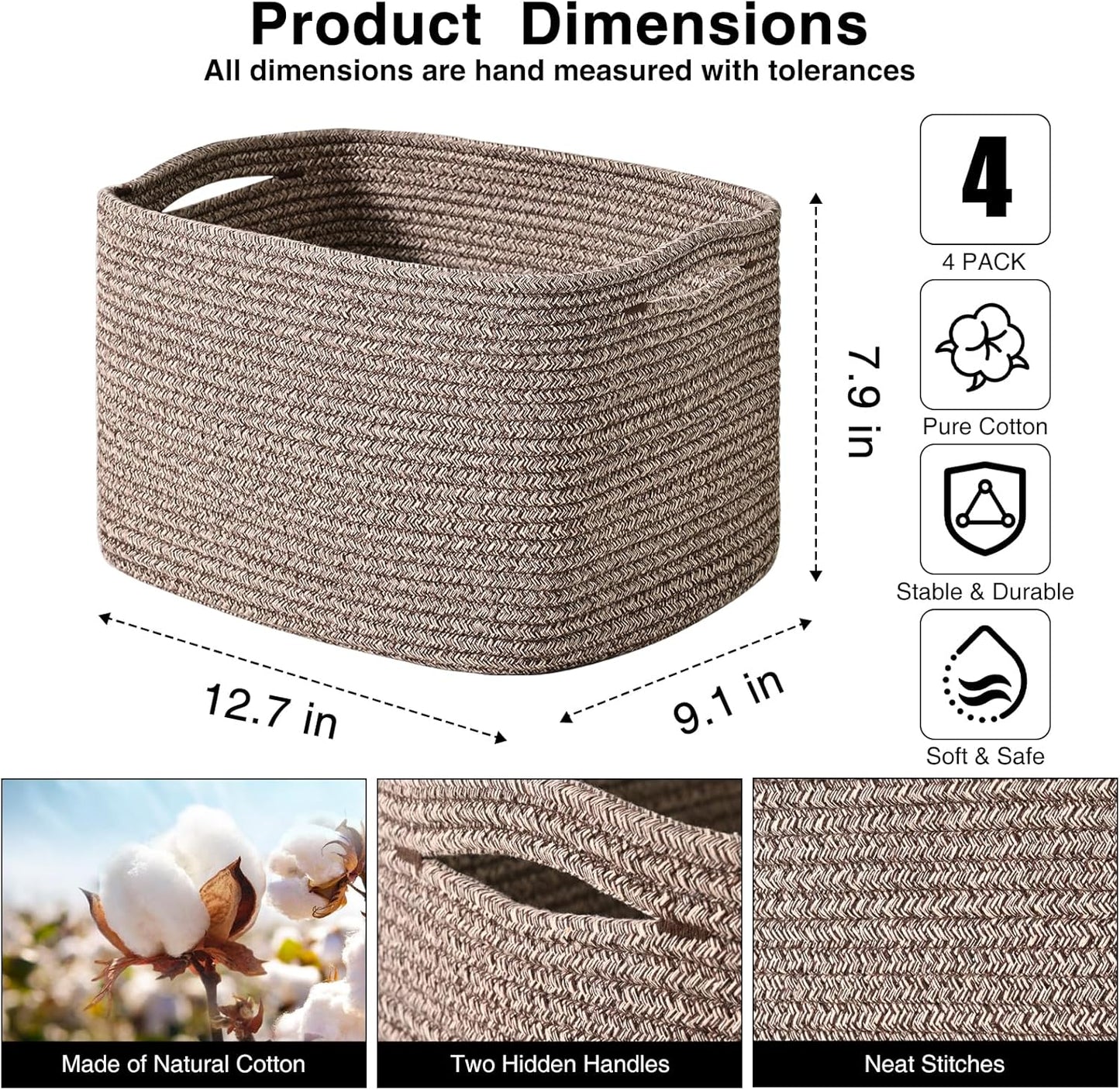 Small Storage Baskets for Organizing Shelves, Cotton Rope Basket for Storage, Cute Rectangular Book