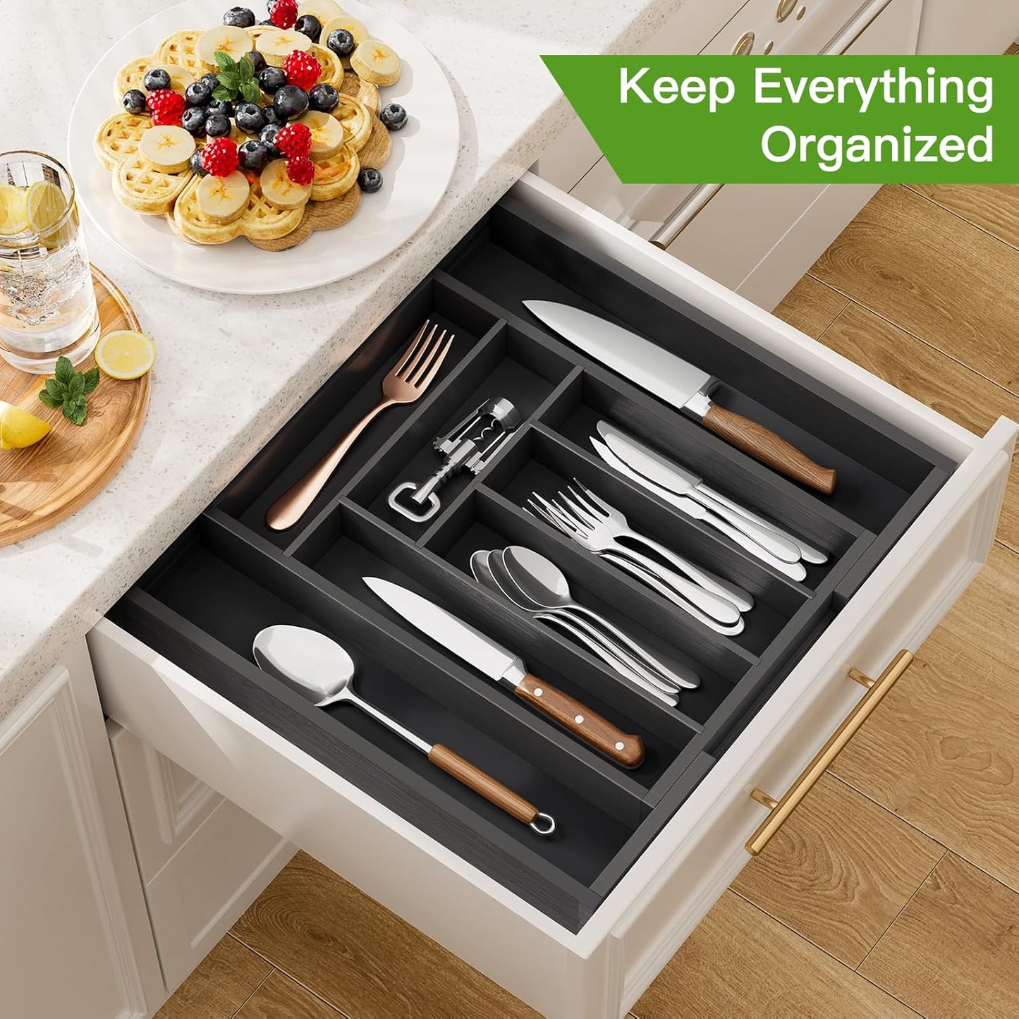 Pipishell Bamboo Expandable Drawer Organizer for Utensils Holder, Adjustable Cutlery Tray, Wood