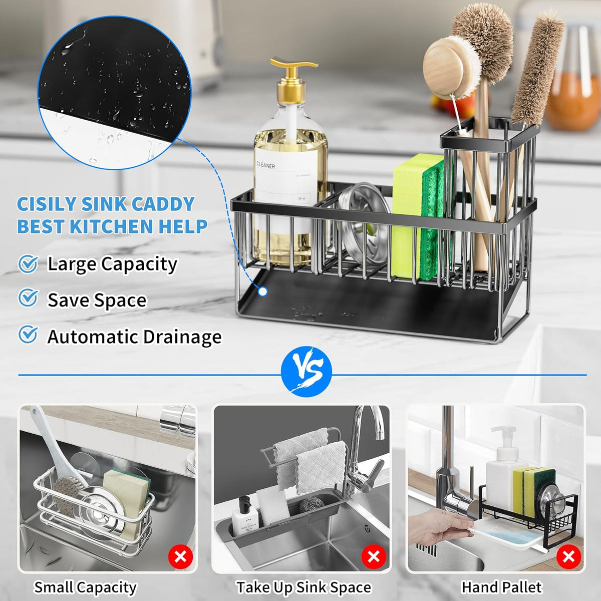 Cisily Kitchen Sink Caddy Organzier with High Brush Holder, Sponge Holder for Sink, 304 Rustproof
