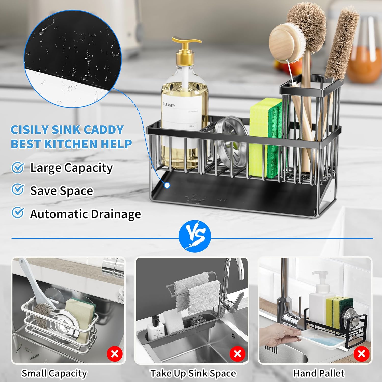 Cisily Kitchen Sink Caddy Organzier with High Brush Holder, Sponge Holder for Sink, 304 Rustproof
