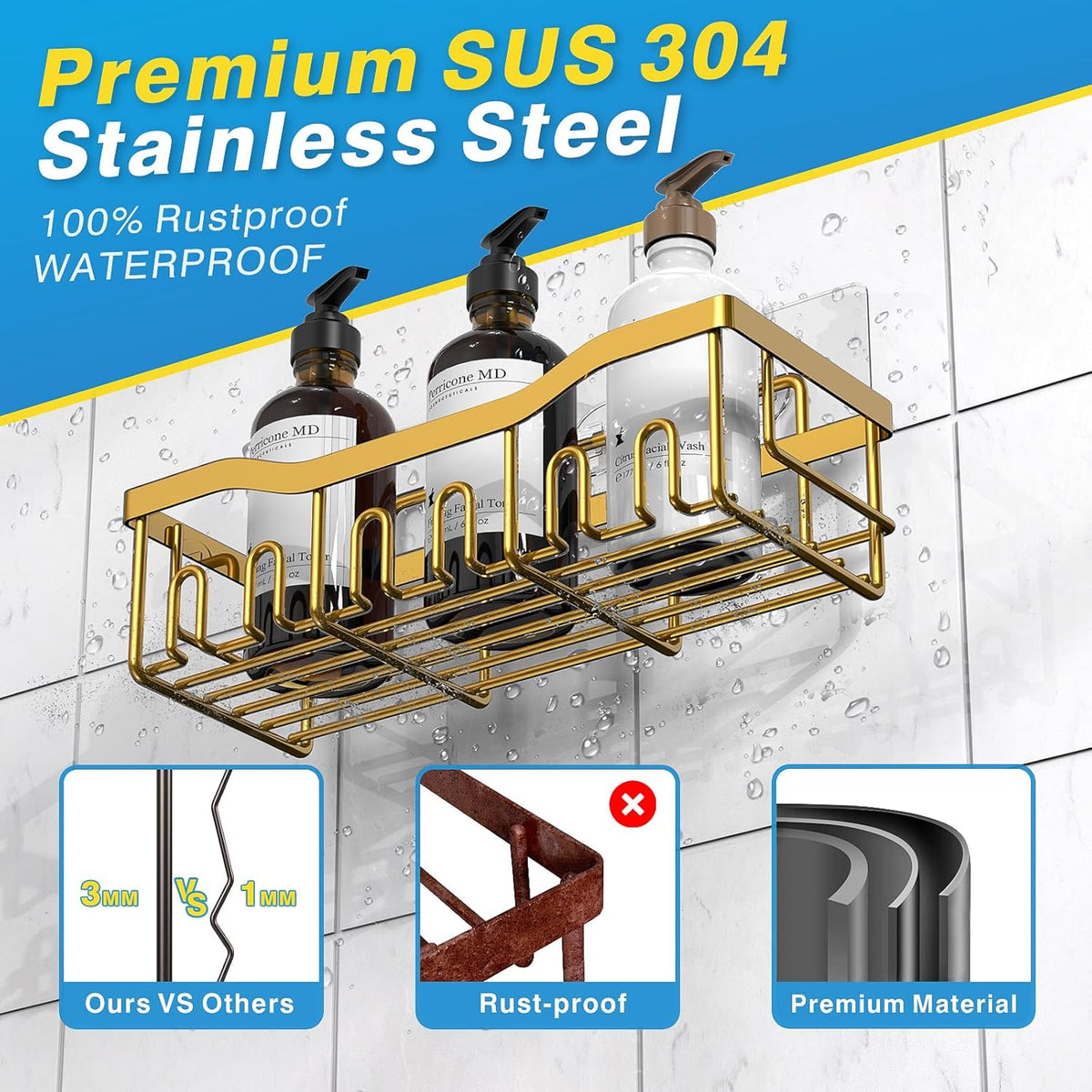 EUDELE 5-Pack Rustproof Stainless Steel Shower Caddy – No Drill Adhesive Bathroom Organizer with