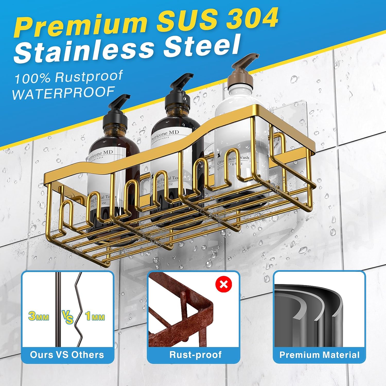 EUDELE 5-Pack Rustproof Stainless Steel Shower Caddy – No Drill Adhesive Bathroom Organizer with