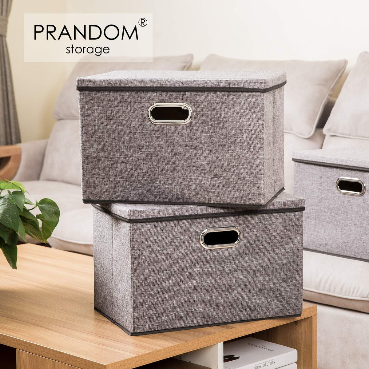 PRANDOM Large Collapsible Storage Bins with Lids [3-Pack] Linen/Cotton Blend Foldable Storage Boxes