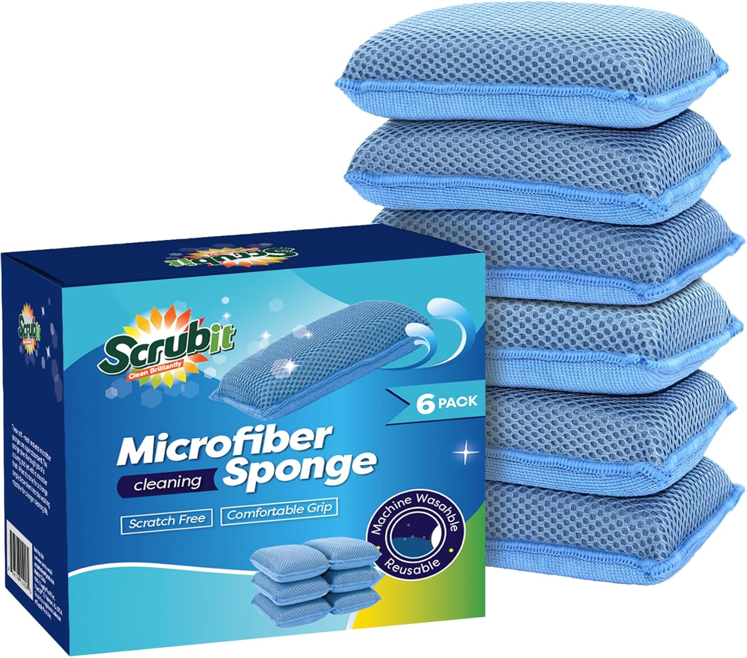 Miracle Microfiber Kitchen Sponge by Scrub-It (6 Pack) - Non-Scratch Heavy Duty Dishwashing