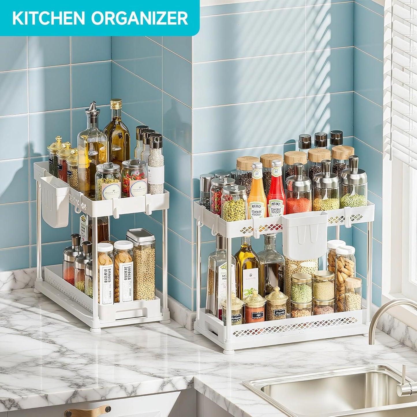 Under Sink Organizer, 2 Tier Pull Out Cabinet Organizer with Hooks Hanging Cup, Easy Installation &