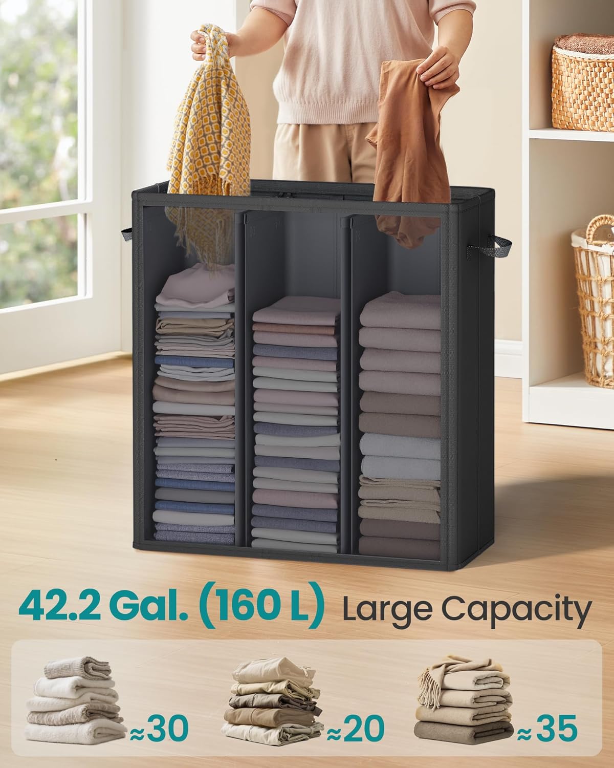 SONGMICS 42.2 Gallon (160 L) Laundry Hamper, 3-Compartment Laundry Basket Sorter with Lid, Labels
