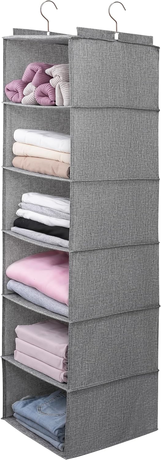 Large Hanging Sweater Organizer for Closet,Collapsible 6-Shelf Hanging Closet Shelves with Drawers