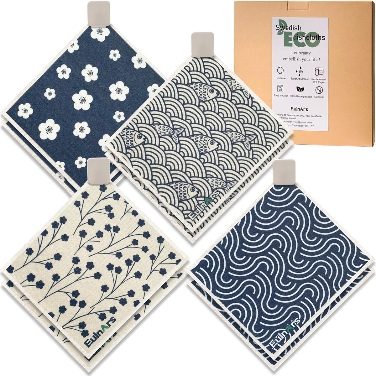 Swedish Dishcloths for Kitchen, 8 Pack Japanese Pattern Reusable Paper Towels with Clips
