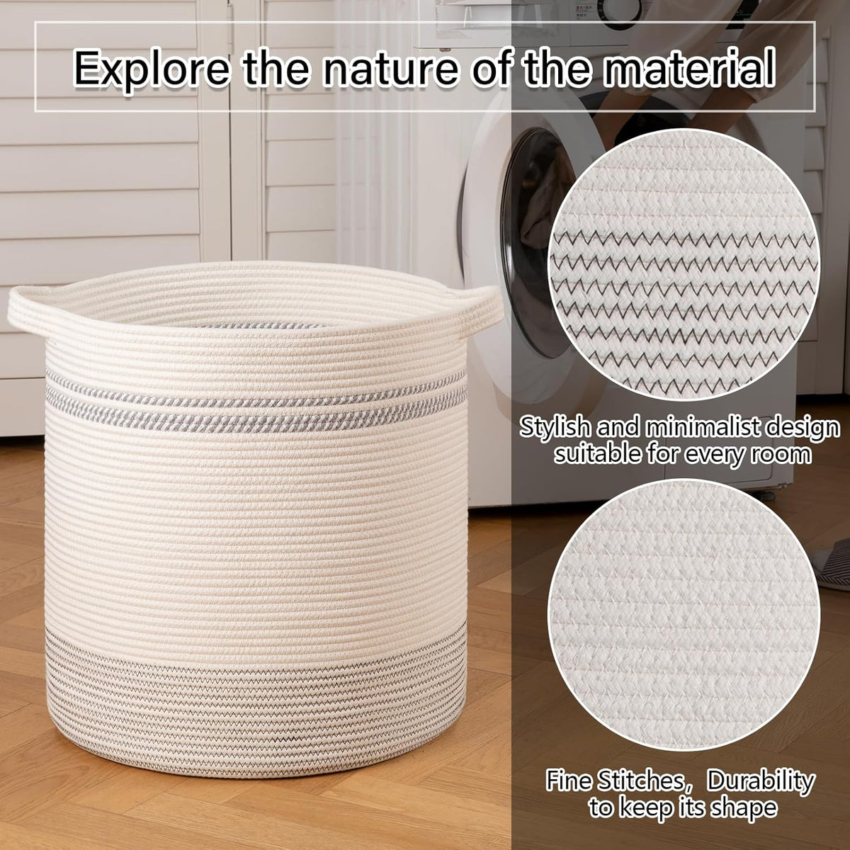 OIAHOMY 80L Laundry Basket, Laundry Hamper, Cotton Rope Storage Basket with Handles, Decorative
