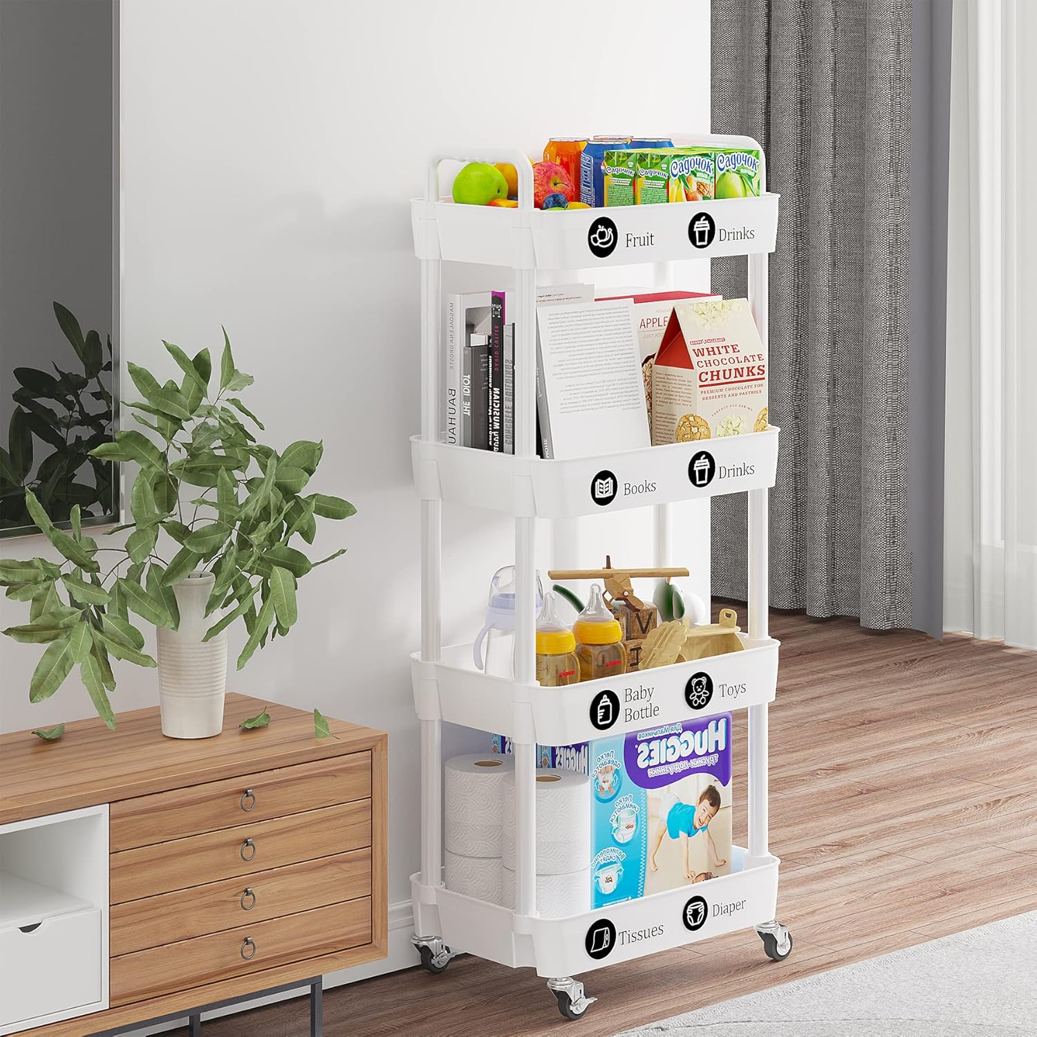 Laiensia 4-Tier Storage Cart,Multifunction Utility Rolling Cart Kitchen Storage Organizer,Mobile
