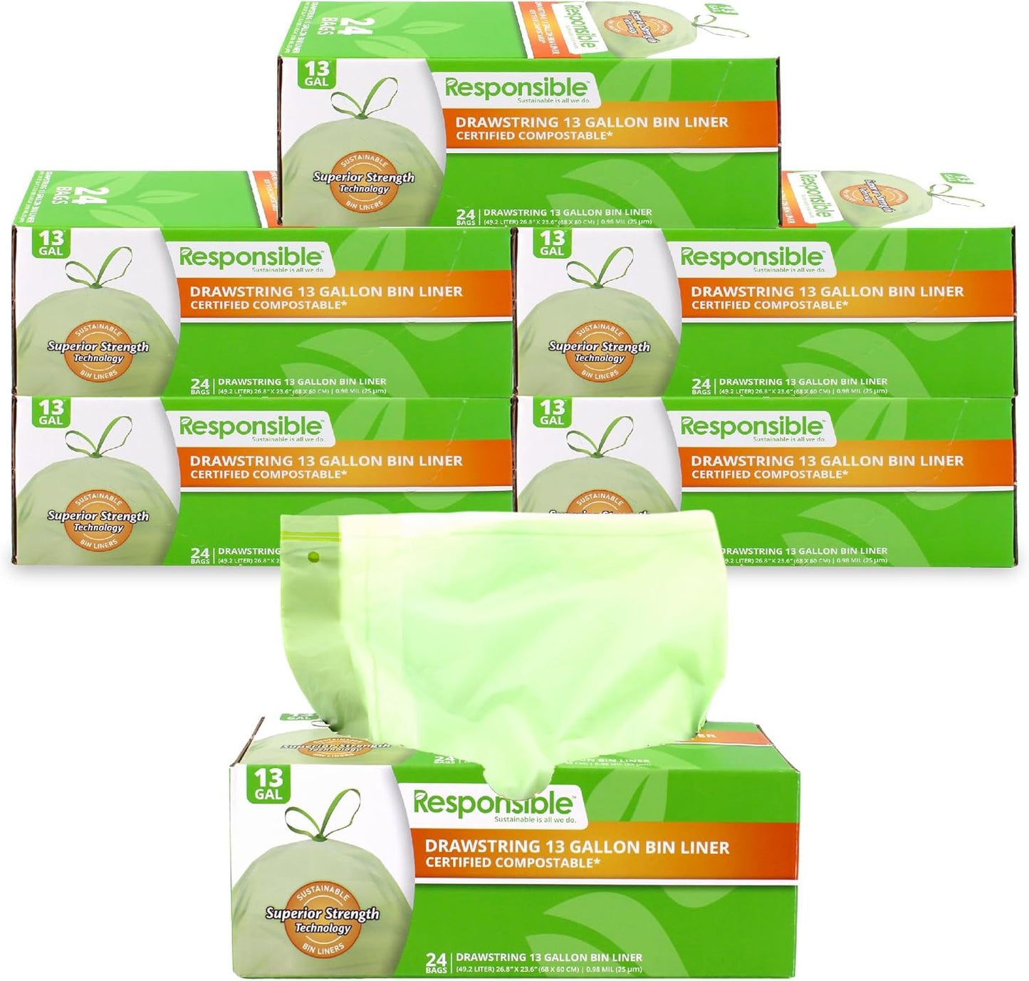 Responsible Products Kitchen Bin Liners, Certified Compostable, Heavy Duty Multipurpose Food Scrap