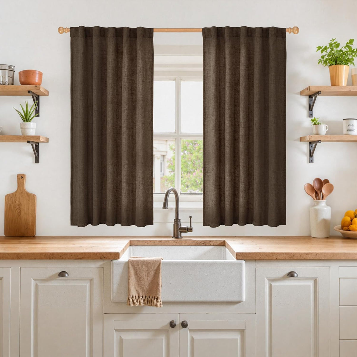 YoungsTex Brown Linen Curtains 45 Inches Long for Short Window, Back Tab Rod Pocket Chocolate