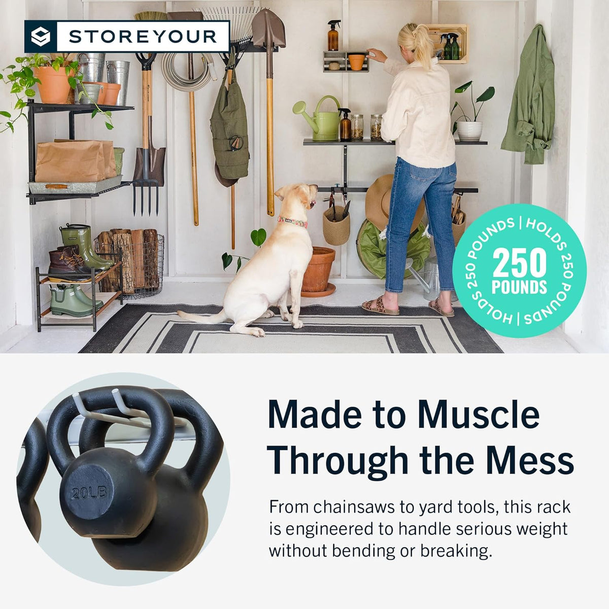 StoreYourBoard Wall-Mounted Rack With 4 Garage Hooks, Gray – Heavy-Duty Steel Holder Garage &