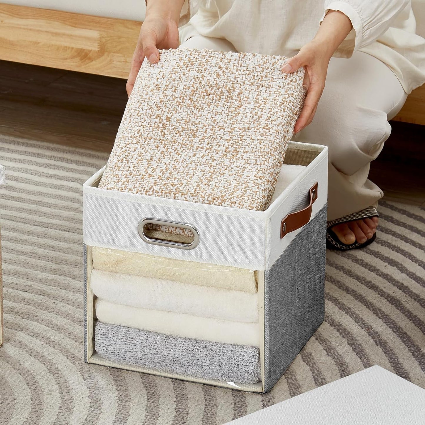 Fabric Storage Cubes with Clear Windows and Lids, 11'' Foldable Storage Bins with 3 Handles