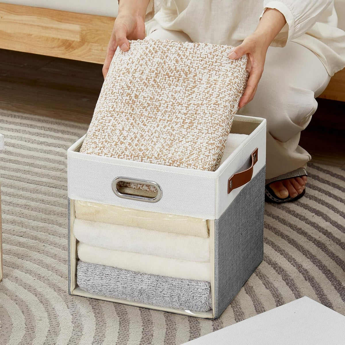 Fabric Storage Cubes with Clear Windows and Lids, 11'' Foldable Storage Bins with 3 Handles