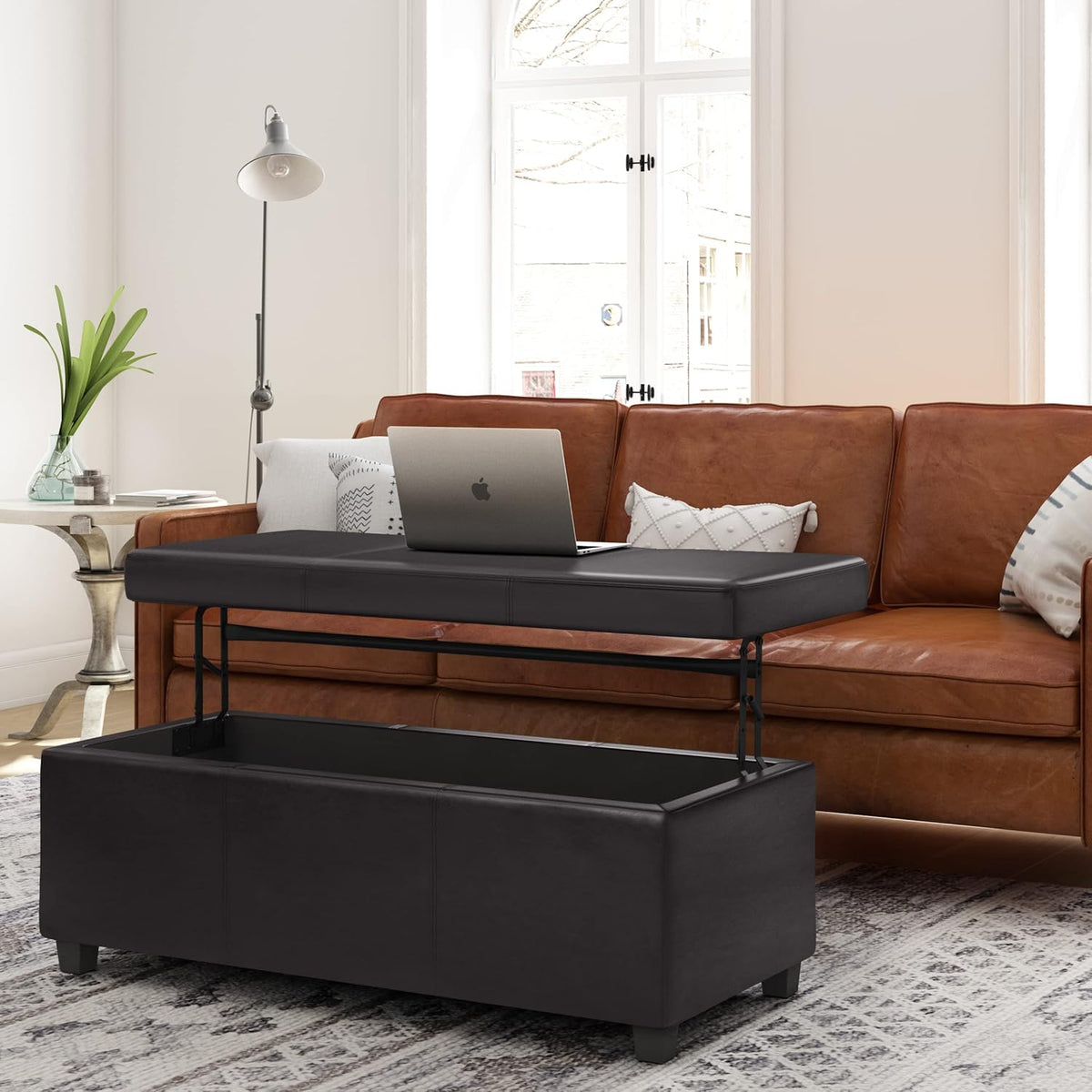 SIMPLIHOME Avalon 44 inch Wide Contemporary Rectangle Lift Top Rectangular Storage Ottoman in