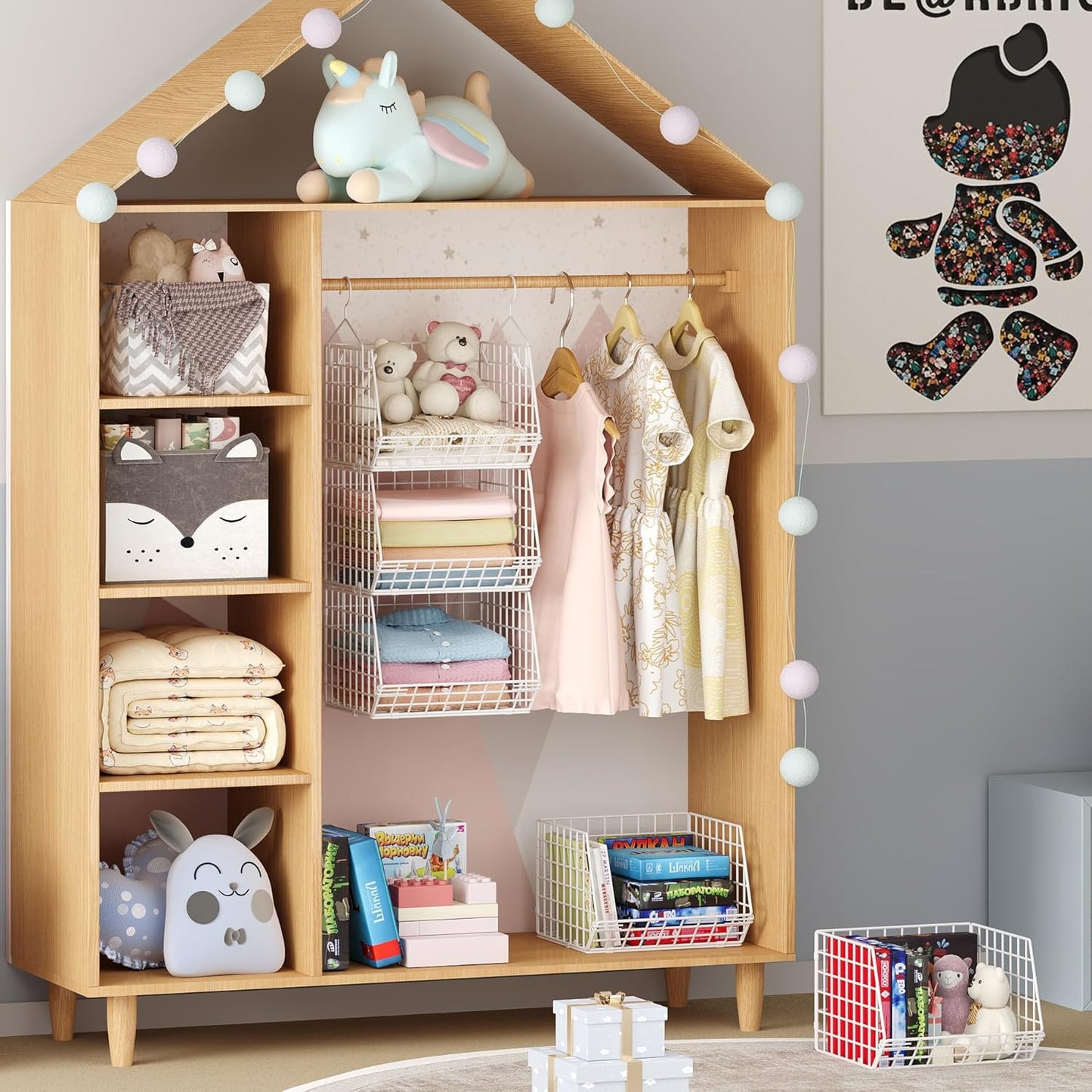 X-cosrack 4 Tier Closet Hanging Organizer, Foldable Closet Shelving with 2 Hanging Hooks 5 S Hooks