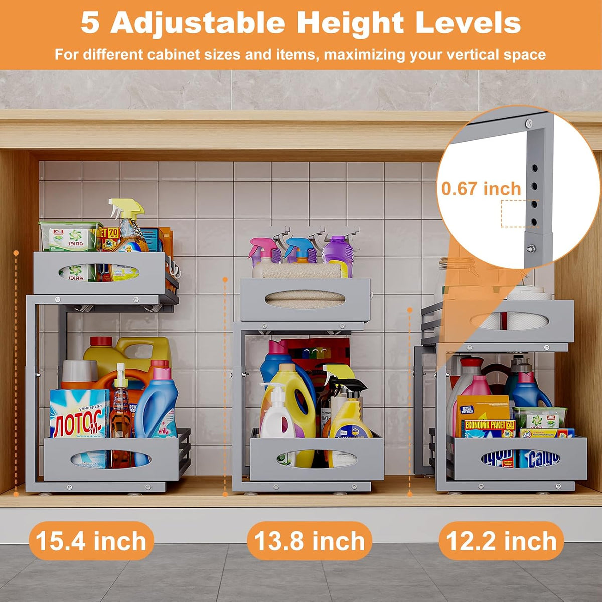 Under Sink Organizer, 2 Tier Under Sink Organizers and Storage, Adjustable Height, Slide Out Metal