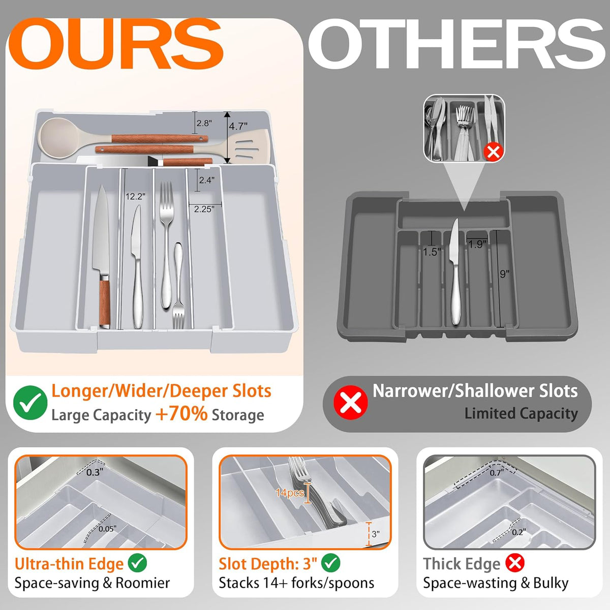Expandable Large Silverware Organizer - BPA-Free Food-Safe Kitchen Utensil Drawer Organizer