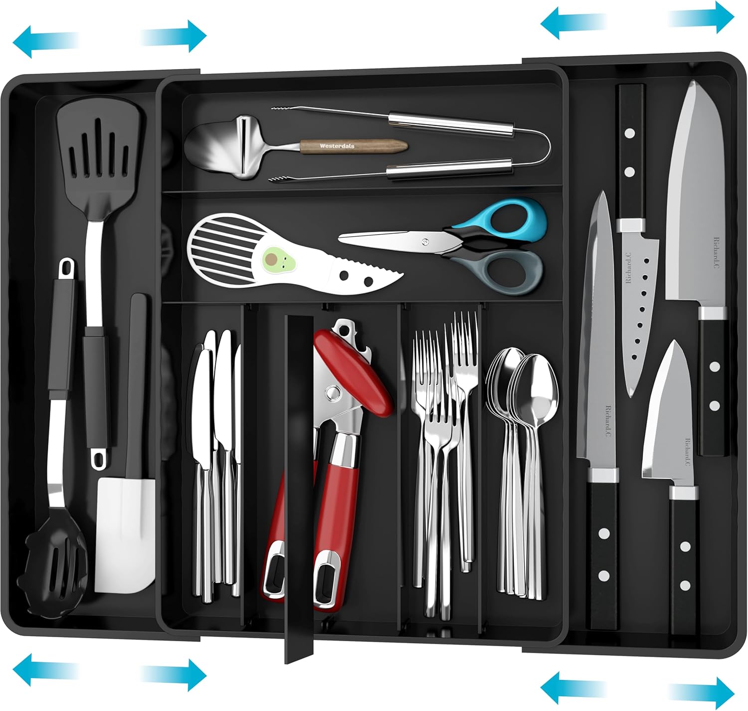 Simple Houseware Expandable Kitchen Drawer Flatware Organizer, Black – Adjustable Cutlery Tray with
