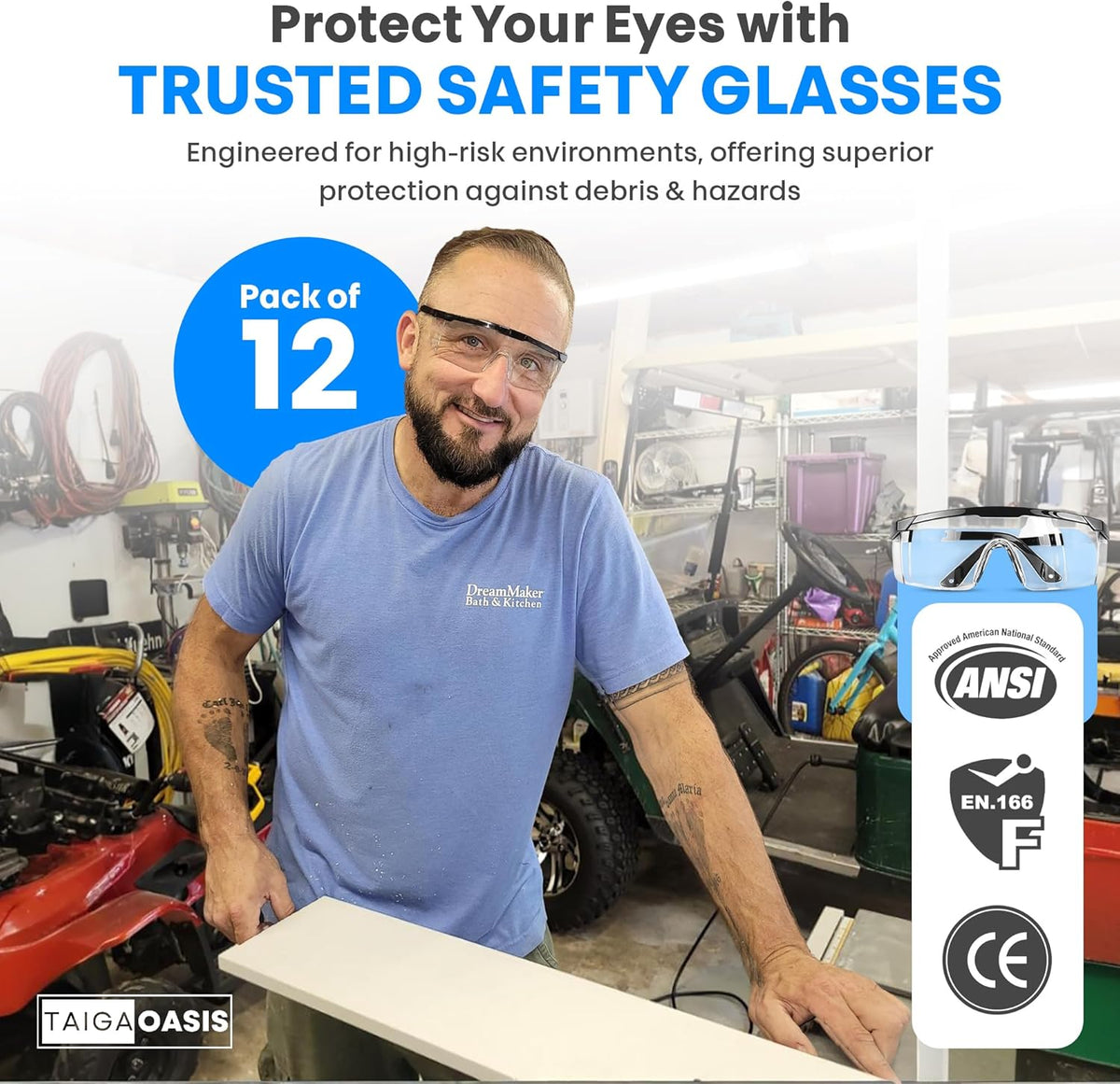 Safety Glasses, Full Coverage Lens, Built-in Brow Guard, UV Resistant, Anti-Fog, Anti-Scratches