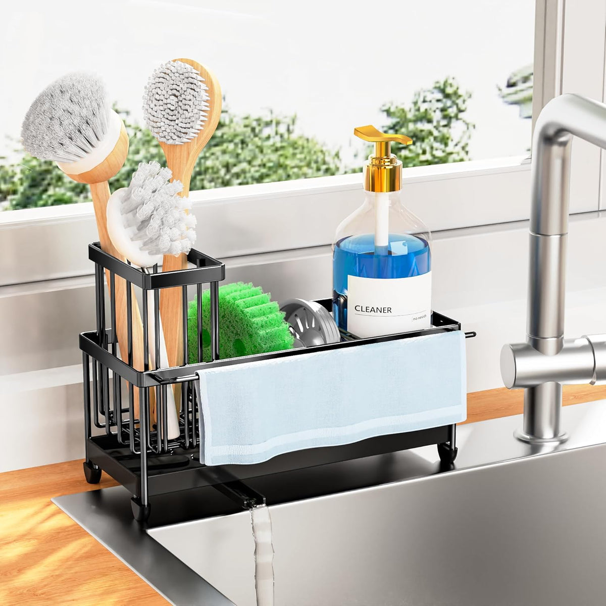 Cisily Sponge Holder for Kitchen Sink with Towel Rack, Sink Caddy with Kitchen High Brush Holder