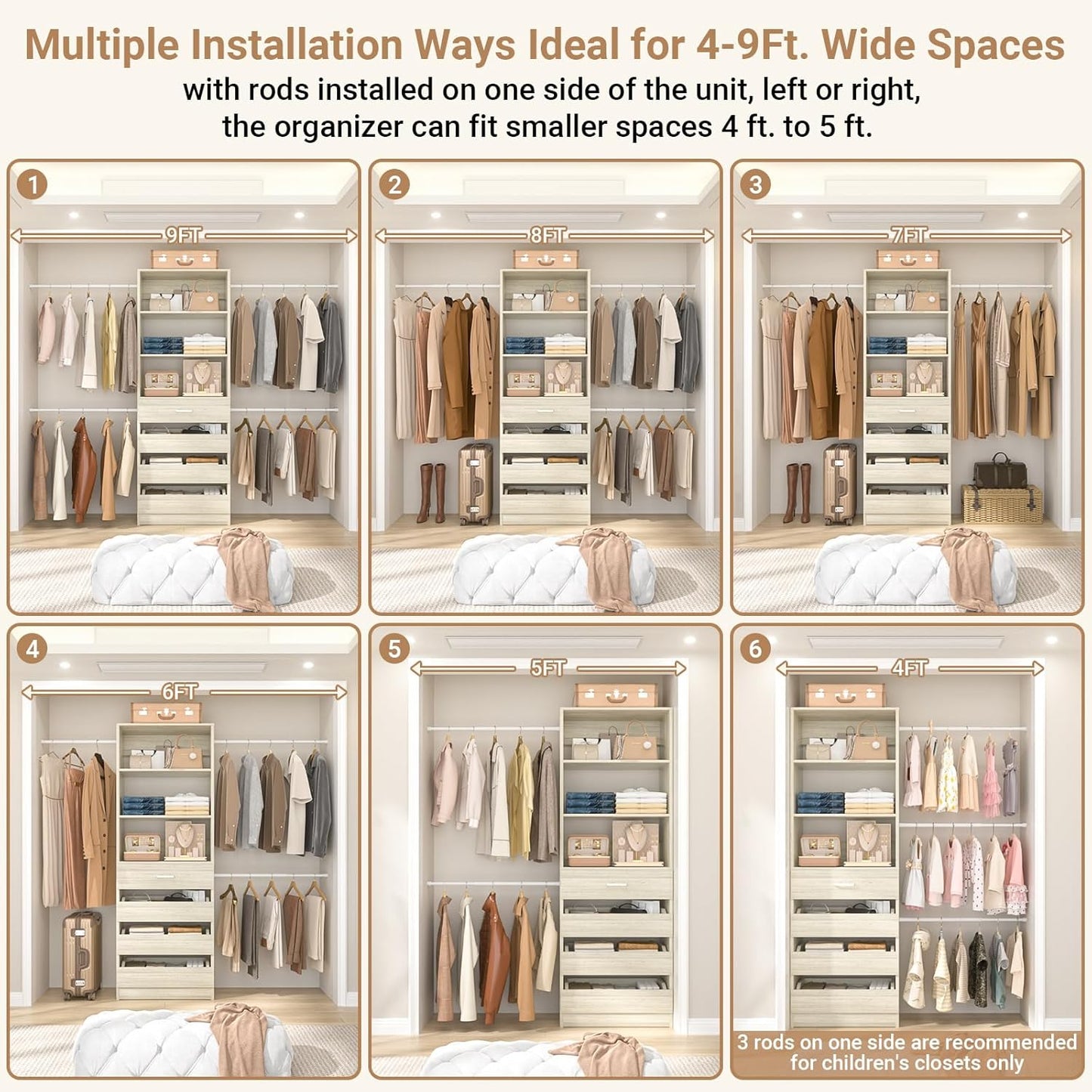 Aheaplus Closet System, 4-9Ft Closet Organizer with 4 Wooden Drawers, Wood Closet Organizer System