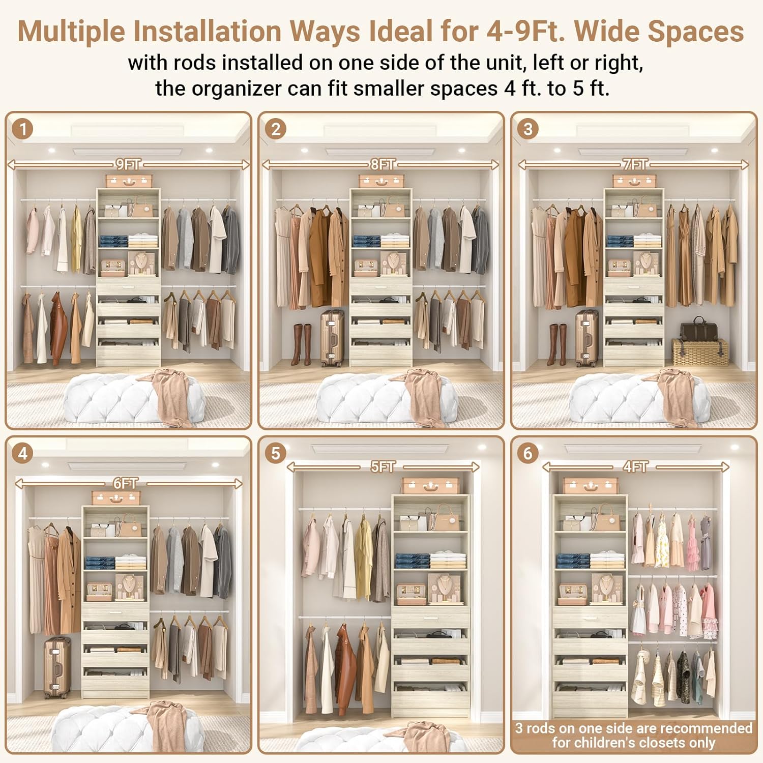 Aheaplus Closet System, 4-9Ft Closet Organizer with 4 Wooden Drawers, Wood Closet Organizer System