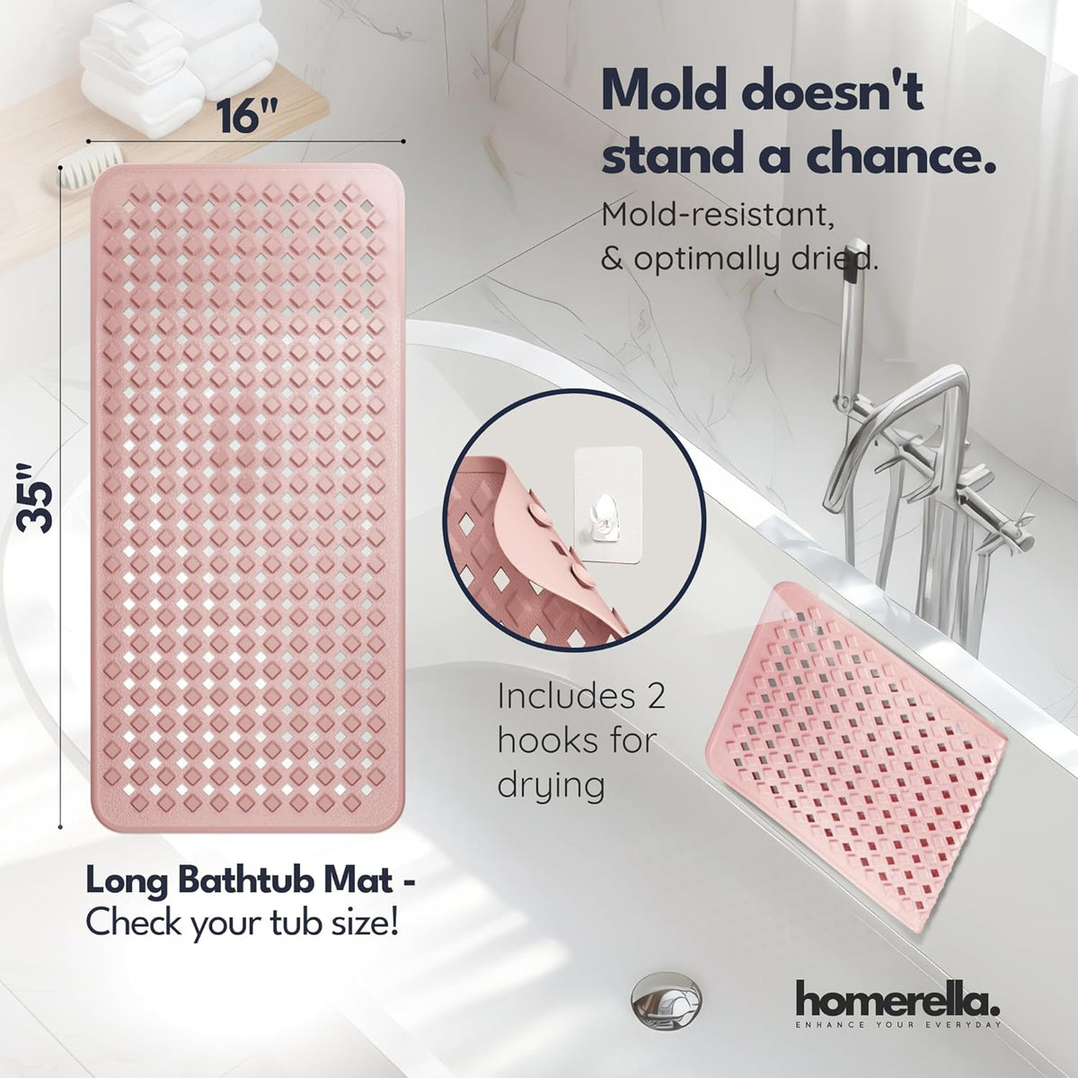 homerella® Bathtub Mat Non Slip 35x16, Incl. Hooks for Drying, Extra Long, 100% BPA Free, Shower