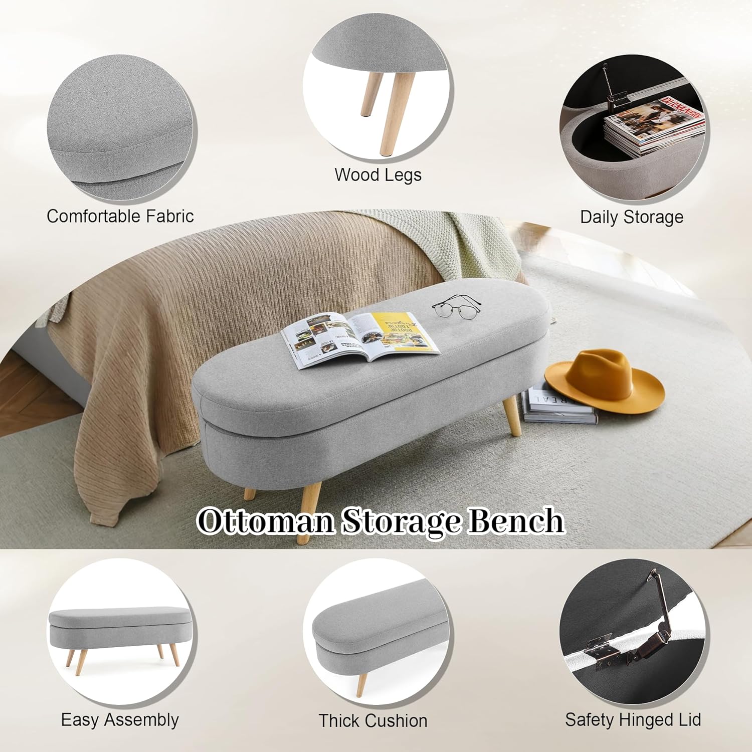 Storage Bench, 43" Storage Ottoman Bench for Bedroom, Upholstered Entryway Benches with Seating