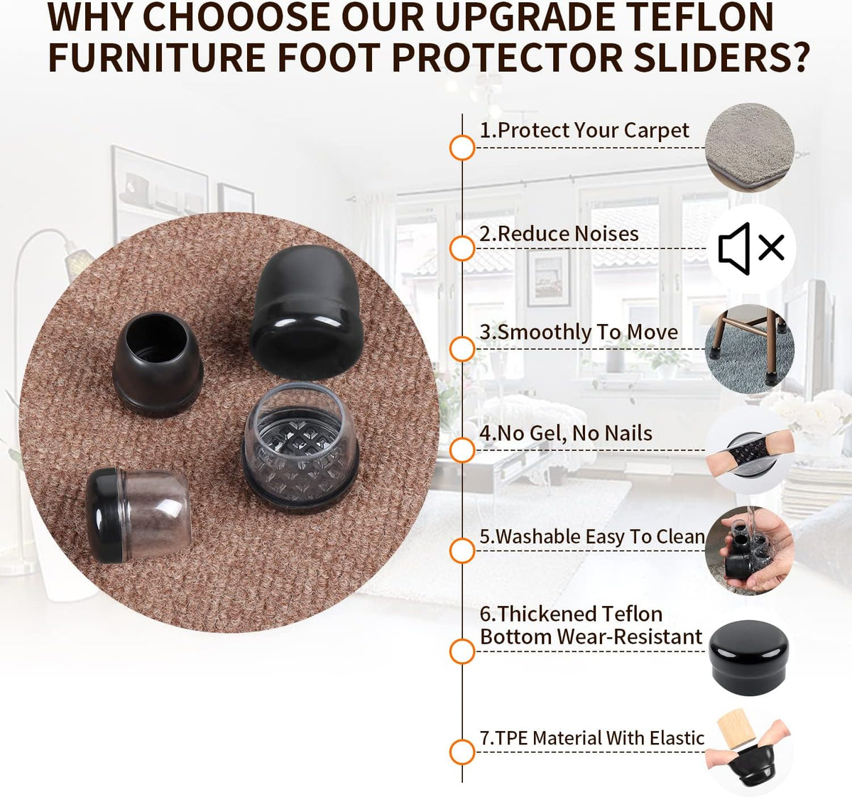 Ezprotekt 24 Pcs Black Chair Leg Sliders for Carpet, Round Teflon Furniture Glides for Rug, Carpet