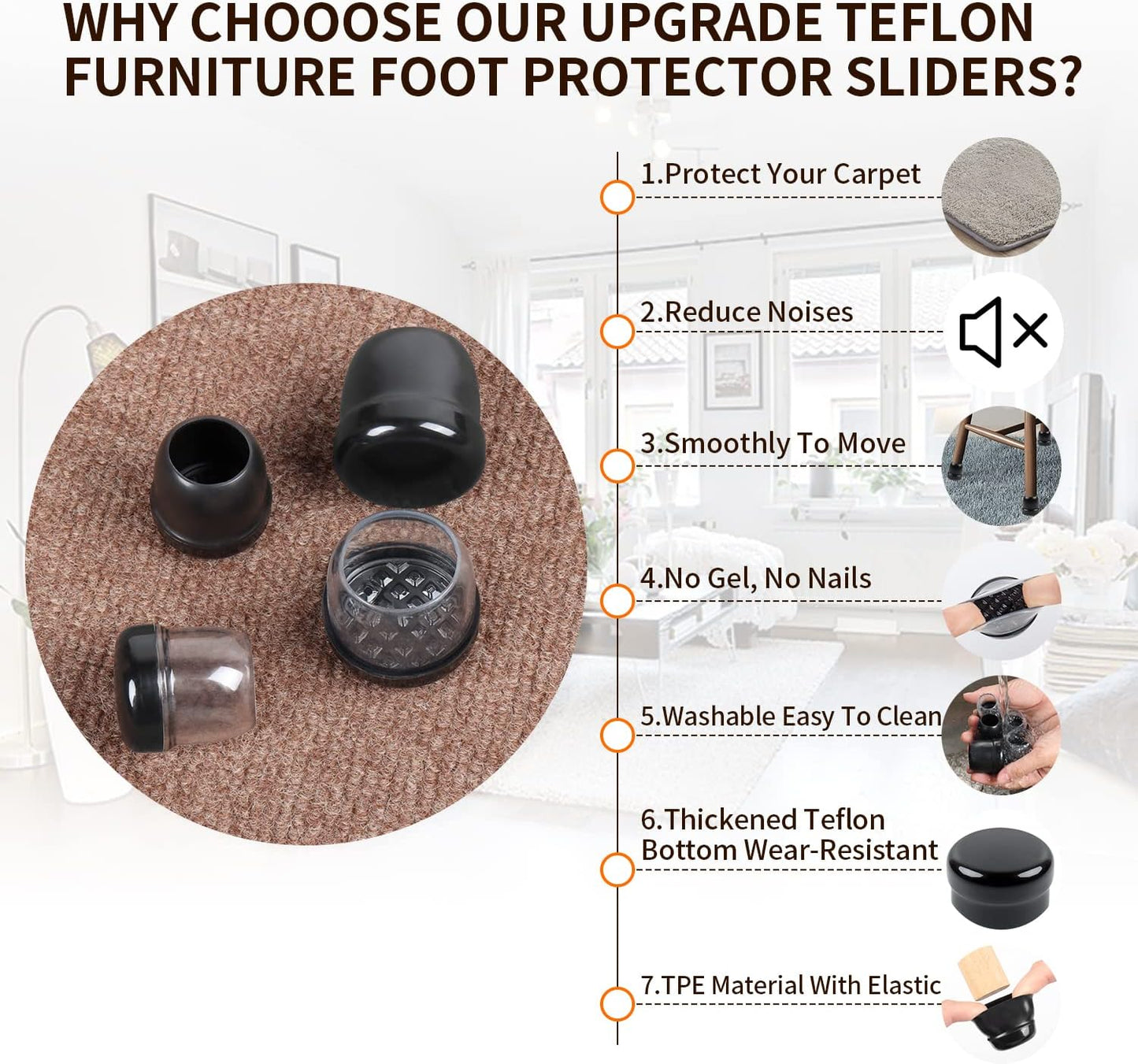 Ezprotekt 24 Pcs Black Chair Leg Sliders for Carpet, Round Teflon Furniture Glides for Rug, Carpet