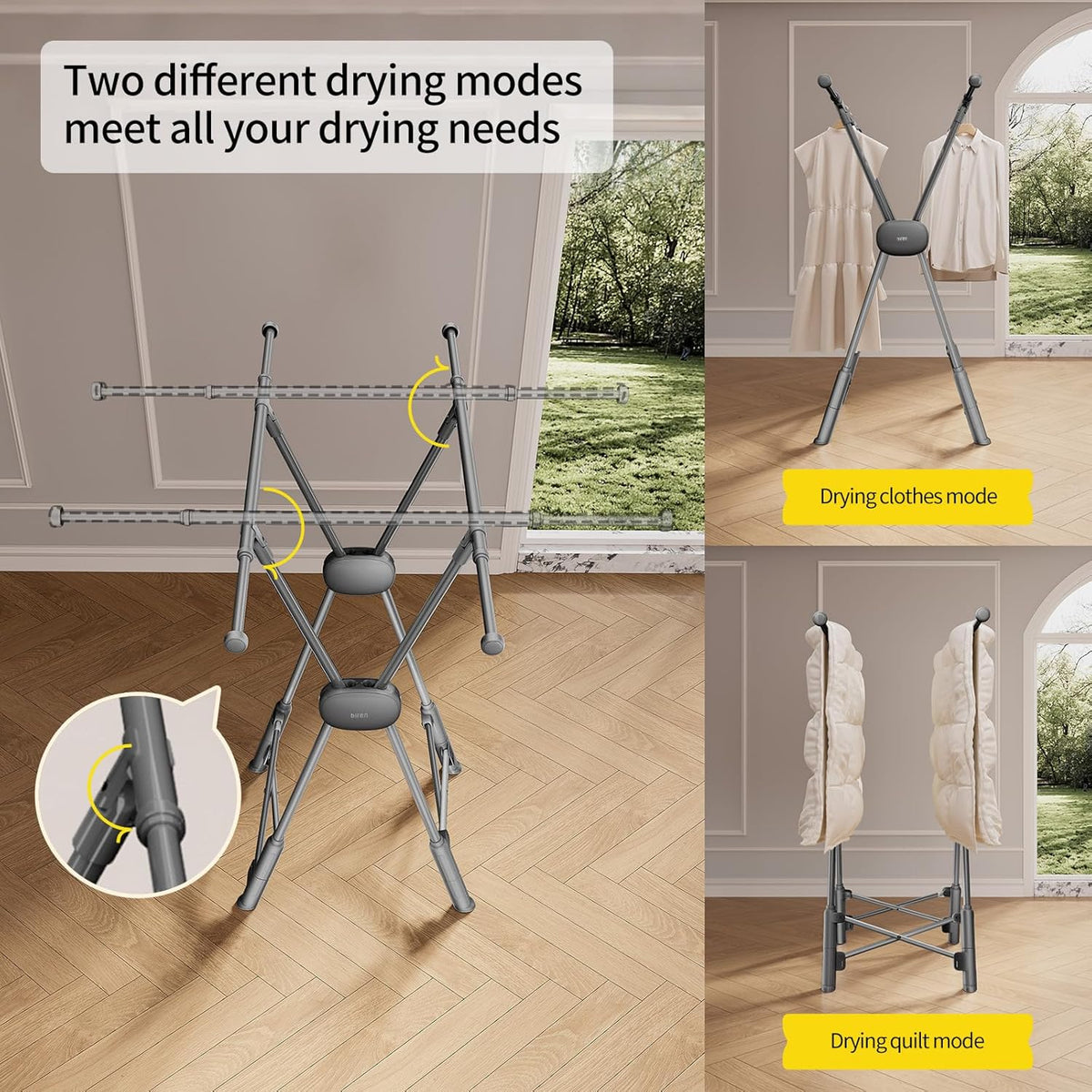 BIREN Clothes Drying Rack Heavy Duty Clothing Racks Extending Laundry Rack Two Drying Modes Garment