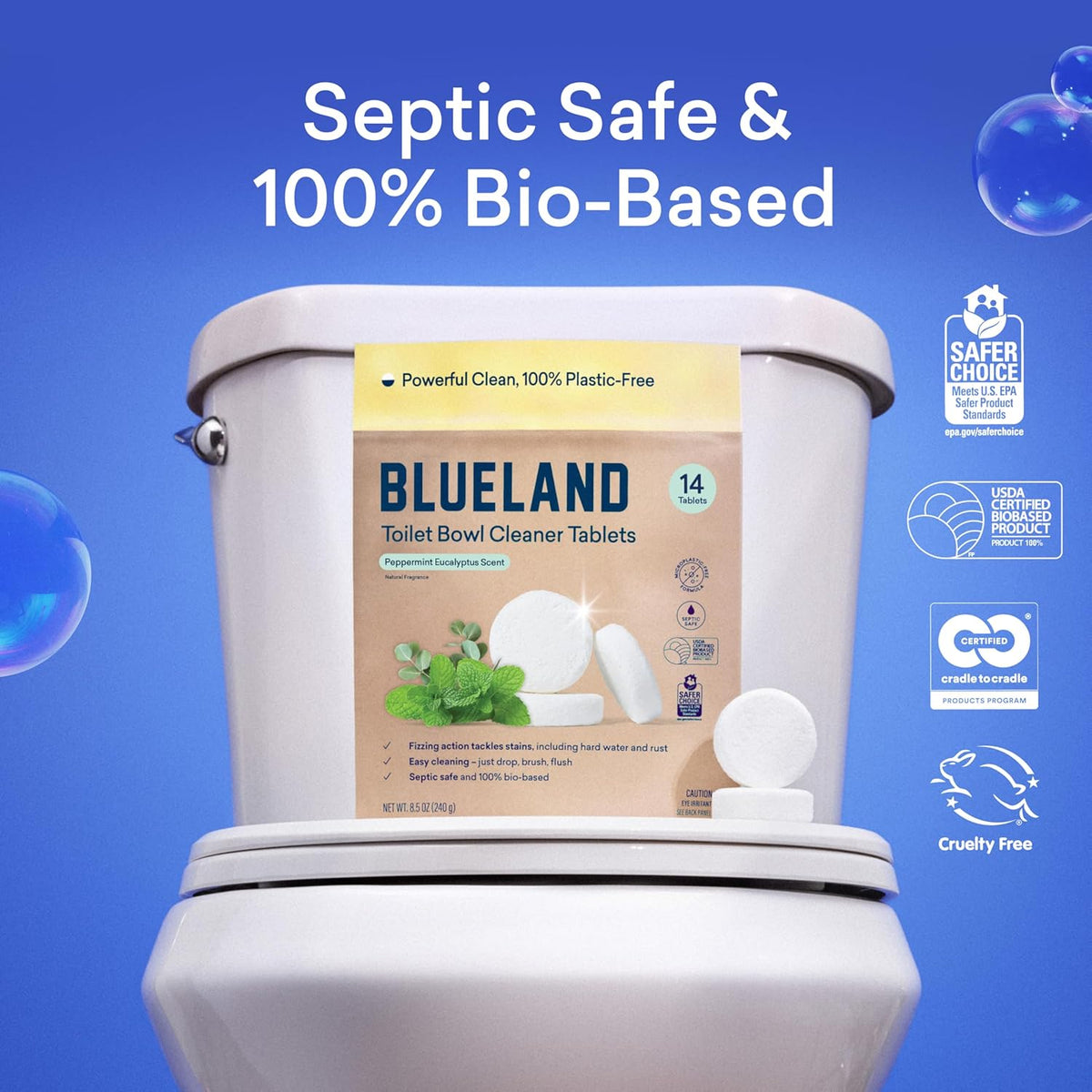 BLUELAND Toilet Bowl Cleaner Tablets, 2-Pack, 28 Count, Peppermint Eucalyptus, Plastic-Free, No