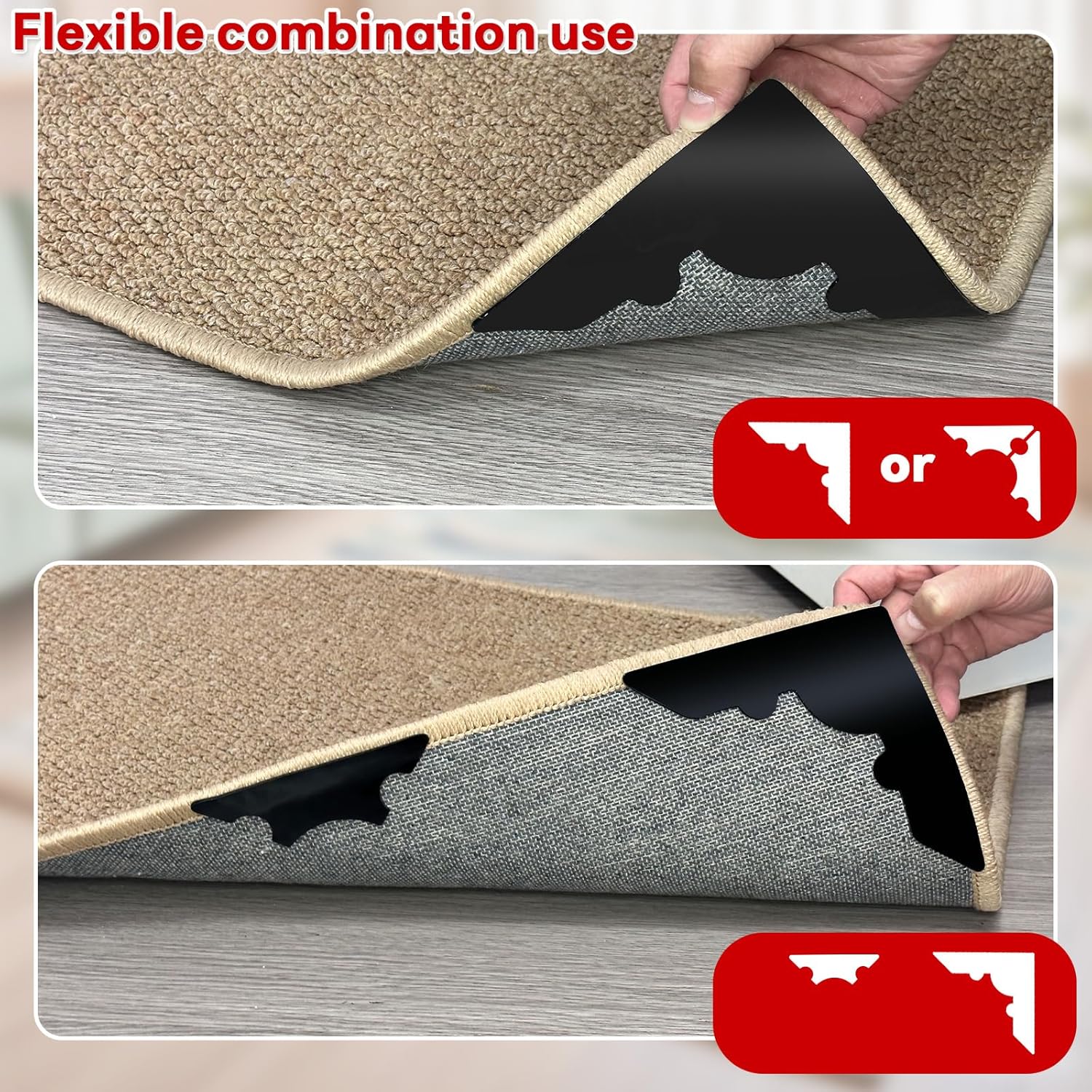 Rug Non Slip Grippers, Reusable Keep Rug Corner Down Tape Pads for Hardwood Floors, Strong Carpet