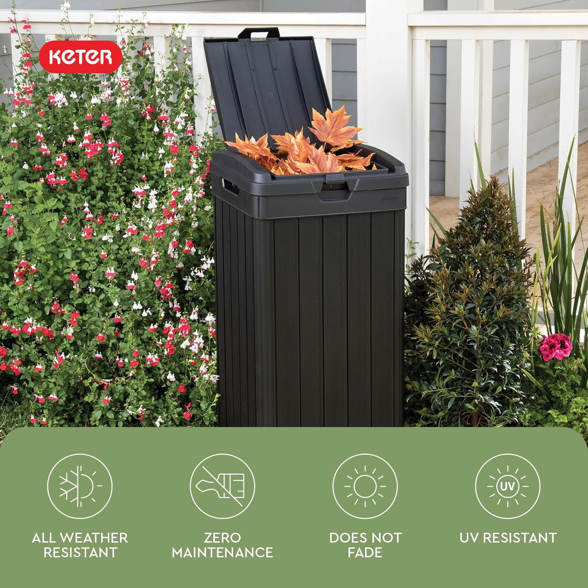 Keter Baltimore Resin 38 Gallon Outdoor Kitchen Trash Can with Lid and Drip Tray for Easy
