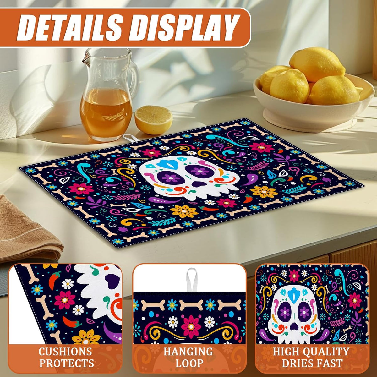 Sugar Skull Dish Drying Mat for Kitchen Counter Microfiber Absorbent Dish Day of the Dead Kitchen