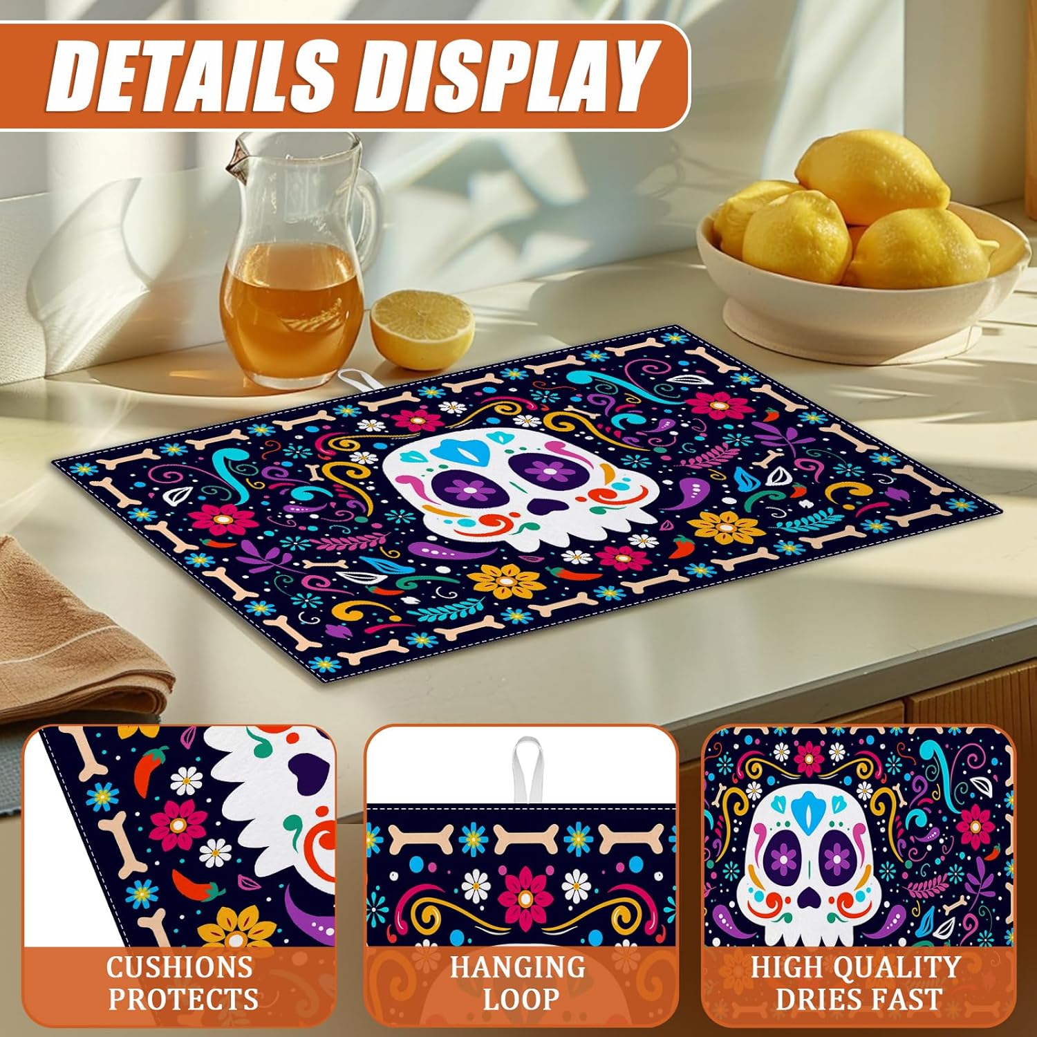 Sugar Skull Dish Drying Mat for Kitchen Counter Microfiber Absorbent Dish Day of the Dead Kitchen